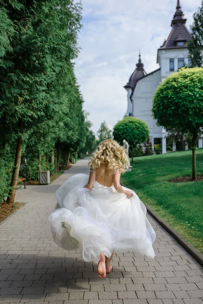 Portrait Beautiful Blonde Bride Woman Runs Away Her Wedding Royalty Free Stock Images