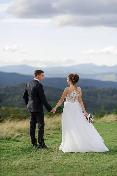 Huwelijksfotografie Bergen Bruid Bruidegom Houden Hand Hand — Stockfoto