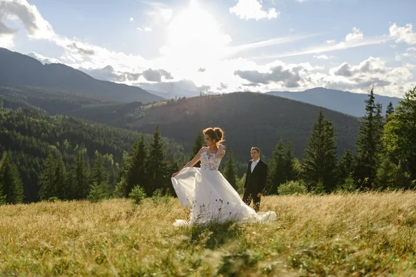 Novomanželé Slaví Svou Svatbu Horách — Stock fotografie