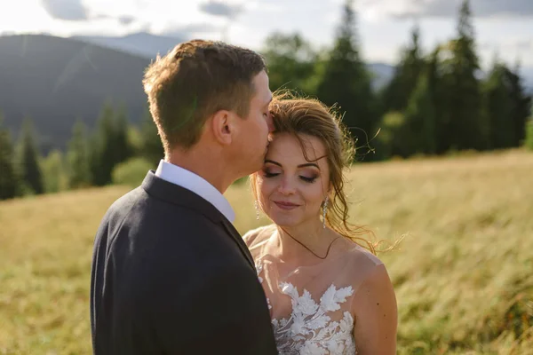 Fotografia Casamento Nas Montanhas Noivo Beija Noiva Testa — Fotografia de Stock