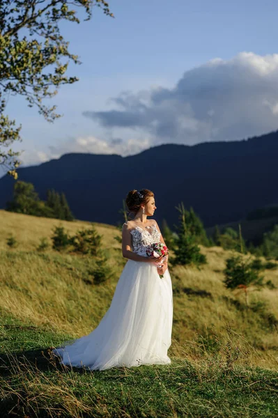 夕阳西下时 新娘拿着结婚花束在山下摆姿势 — 图库照片