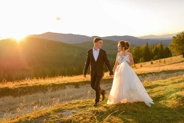 Bröllopsfotografering Fjällen Bruden Och Brudgummen Hålla Hand Och Vid Solnedgången — Stockfoto