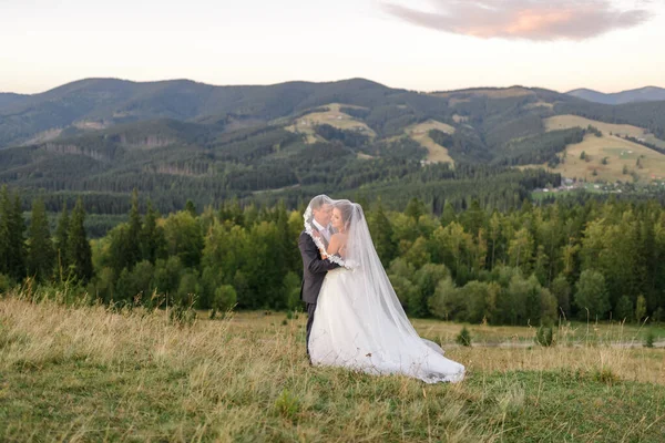 在山上拍婚纱照新婚夫妇在面纱下拥抱 — 图库照片