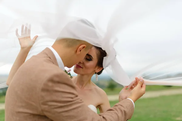 Menyasszony Vőlegény Gyengéden Mosolyognak Ölelkeznek Fátyol Alatt Szerelmesek Becsukták Szemüket — Stock Fotó