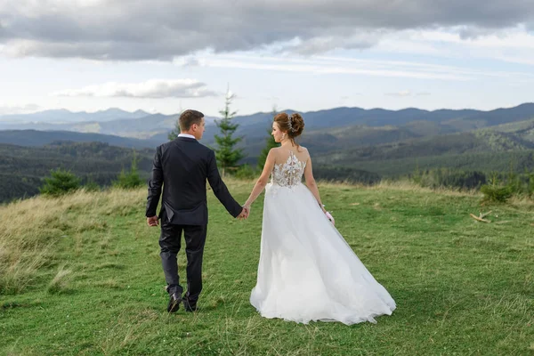 Bryllupsfotografering Fjellet Bruden Brudgommen Holder Hverandre Hånden Mann Leder Kvinne – stockfoto