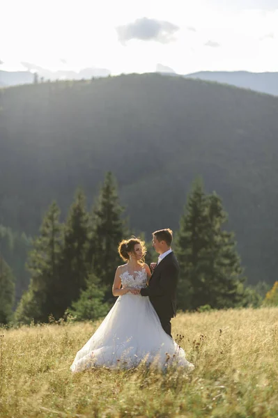 在山上拍婚纱照新郎拥抱新娘 新婚夫妇互相望着对方的眼睛 — 图库照片
