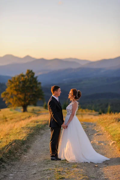 Fotografia Casamento Nas Montanhas Noiva Noivo Seguram Mão Fundo Velha — Fotografia de Stock