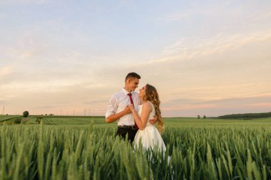 Gelin ve damat buğday tarlasında. Gün batımında bir çift sarılıyor..
