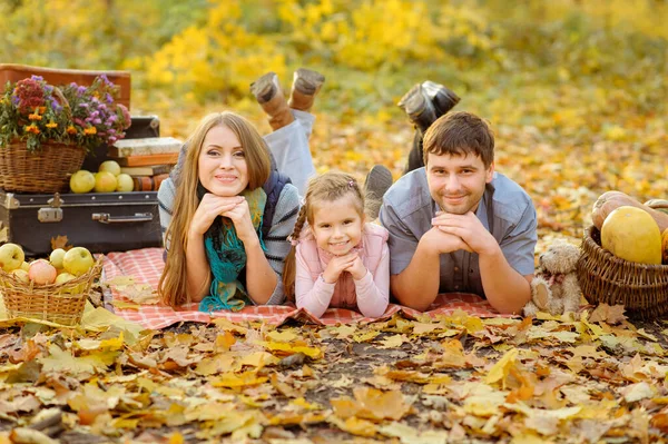 お父さん お母さん 娘さんが一緒に楽しい秋のピクニック中に路上で — ストック写真