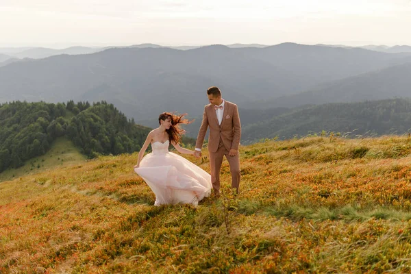 新娘和新郎紧紧地拥抱在一起 温柔地相互拥抱 日落了秋山背景下的婚纱照 大风吹得头发和衣服都鼓起来了 — 图库照片