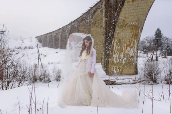 Bela Noiva Posando Perto Uma Velha Ponte Aqueduta Abandonada Noiva — Fotografia de Stock