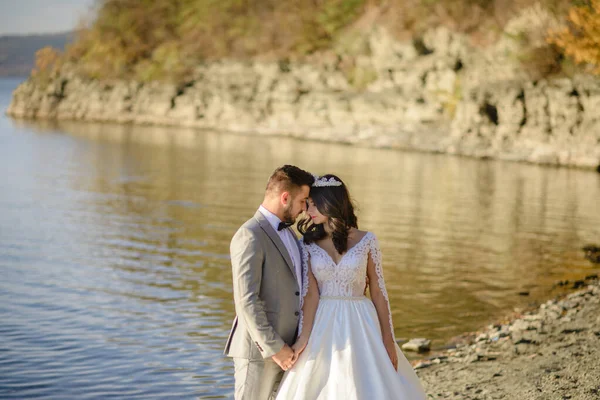 Gelin Damat Göl Kıyısında Yürüyorlar — Stok fotoğraf