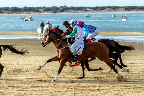 Sanlucar Barrameda Cadiz Spain August Unidentified Riders Race Fiveth Horses — Stock Photo, Image