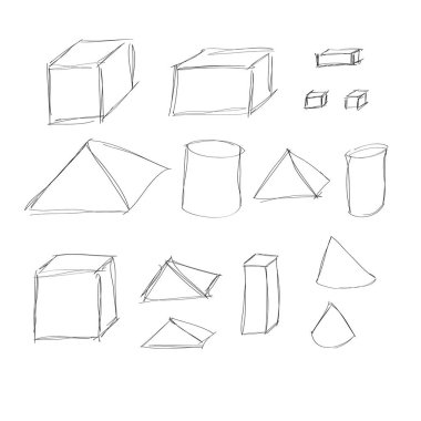 kare, küp, piramit, silindir ve koni karalama, el çizimi geometrik şekiller