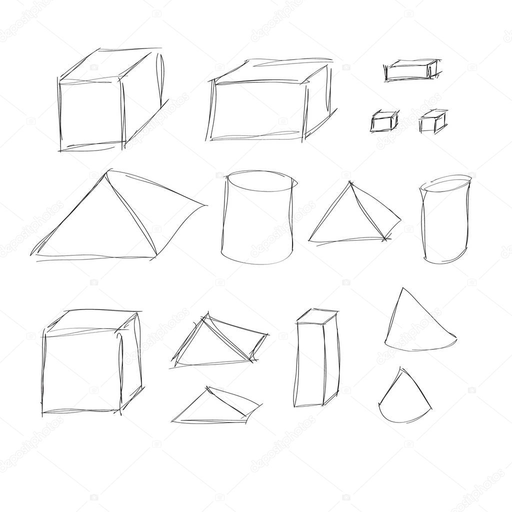 square, cube, pyramid, cylinder and cone scribble, hand drawing geometric figures