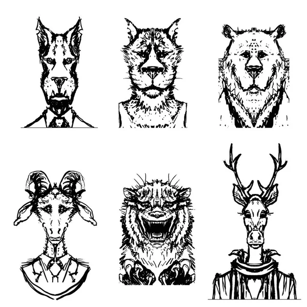 Animales, tigre, ciervo, cabra, lobo, oso, avatar vector de cabeza — Vector de stock