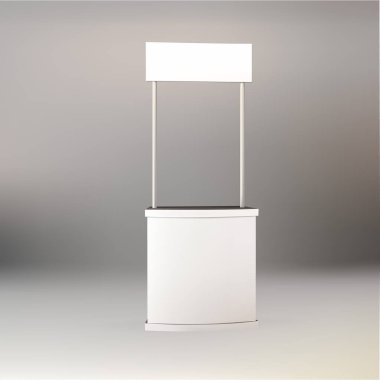 Ticaret standı, sergi dairesi, sergi ekipmanlarının 3 boyutlu görüntülenmesi, beyaz arka planda reklam alanı, metin reklamları için yer.