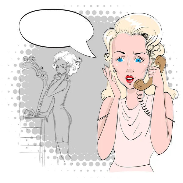 She calls on the phone, vector illustration, pop art — Stock Vector