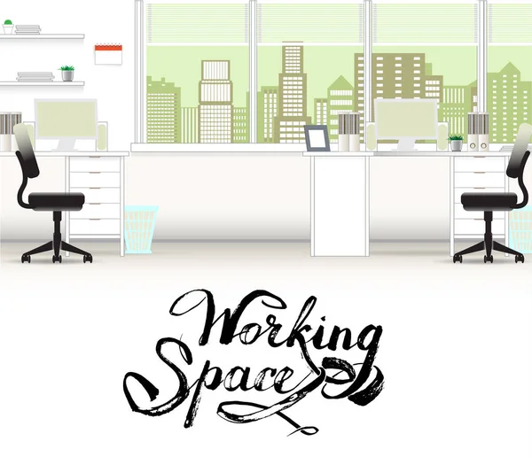 Office inredningsbranschen bakgrund, bord stolar, dator des — Stock vektor