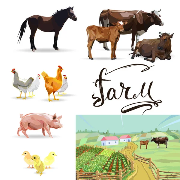 Ganso, cavalo, galinha, vaca, porco, vetor —  Vetores de Stock