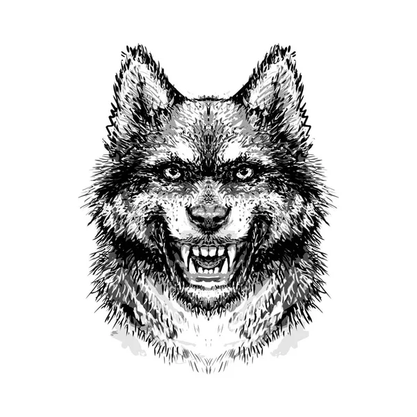 Морда, голова вовка з колючими зубами для футболки — стоковий вектор