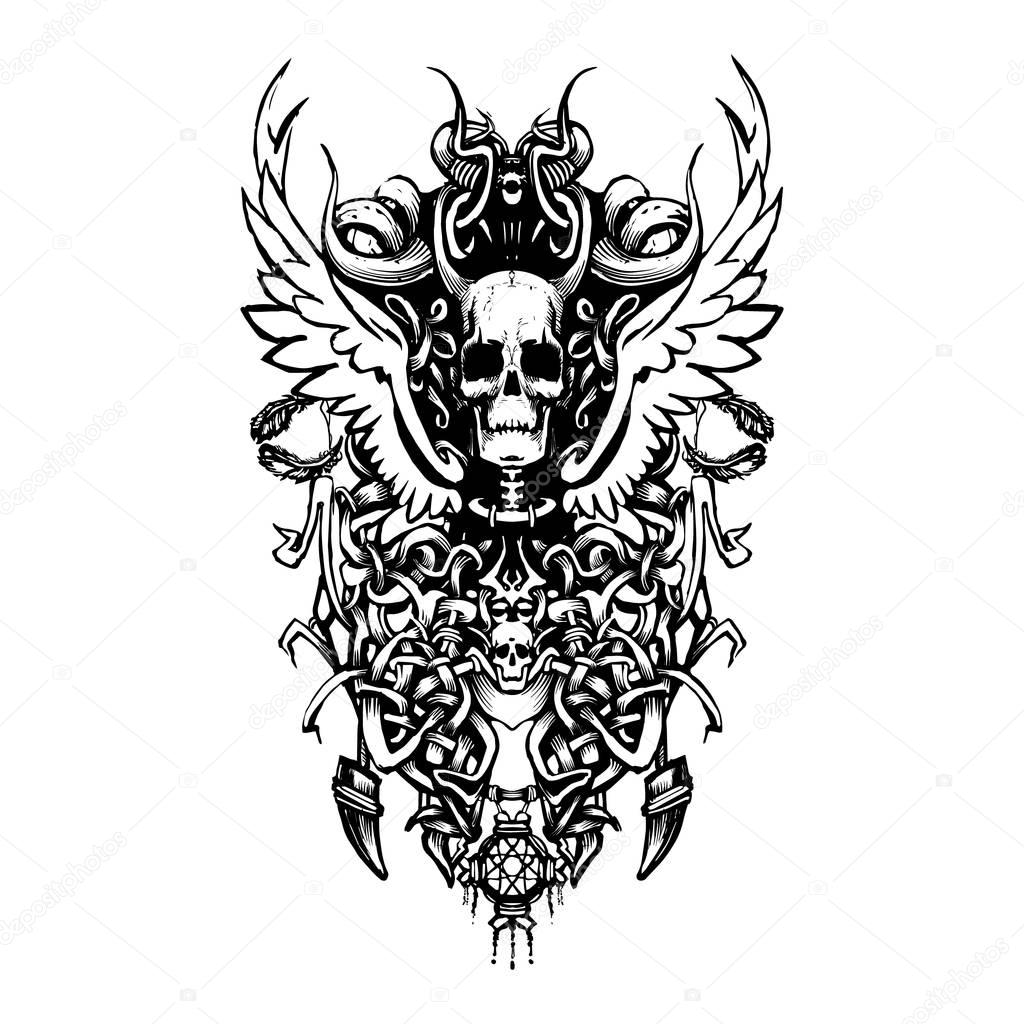 wings skull vintage pattern design for t-shirt vector