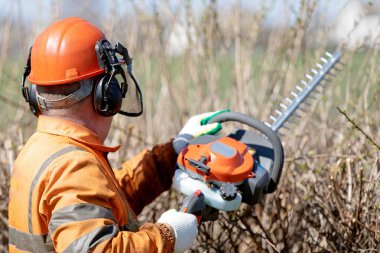 Çit Kesme Hizmetleri. Profesyonel Bahçıvan Üniformalı ve İşitme Koruyucu Kulaklıklı İşçi Hedgerow 'u Gas Power Clipper ile buduyor.