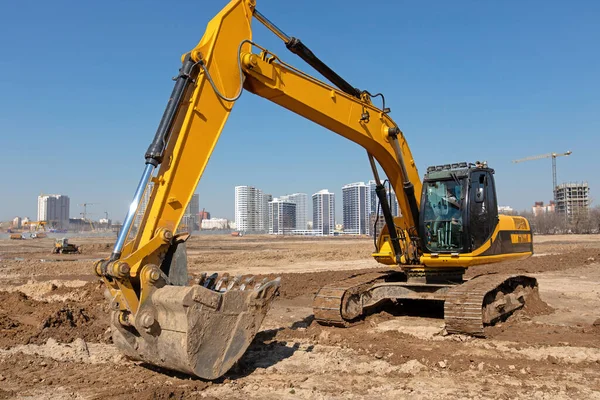 Heavy Excavator Construction Site Working Industrial Equipment Urban Scene — Stock Photo, Image