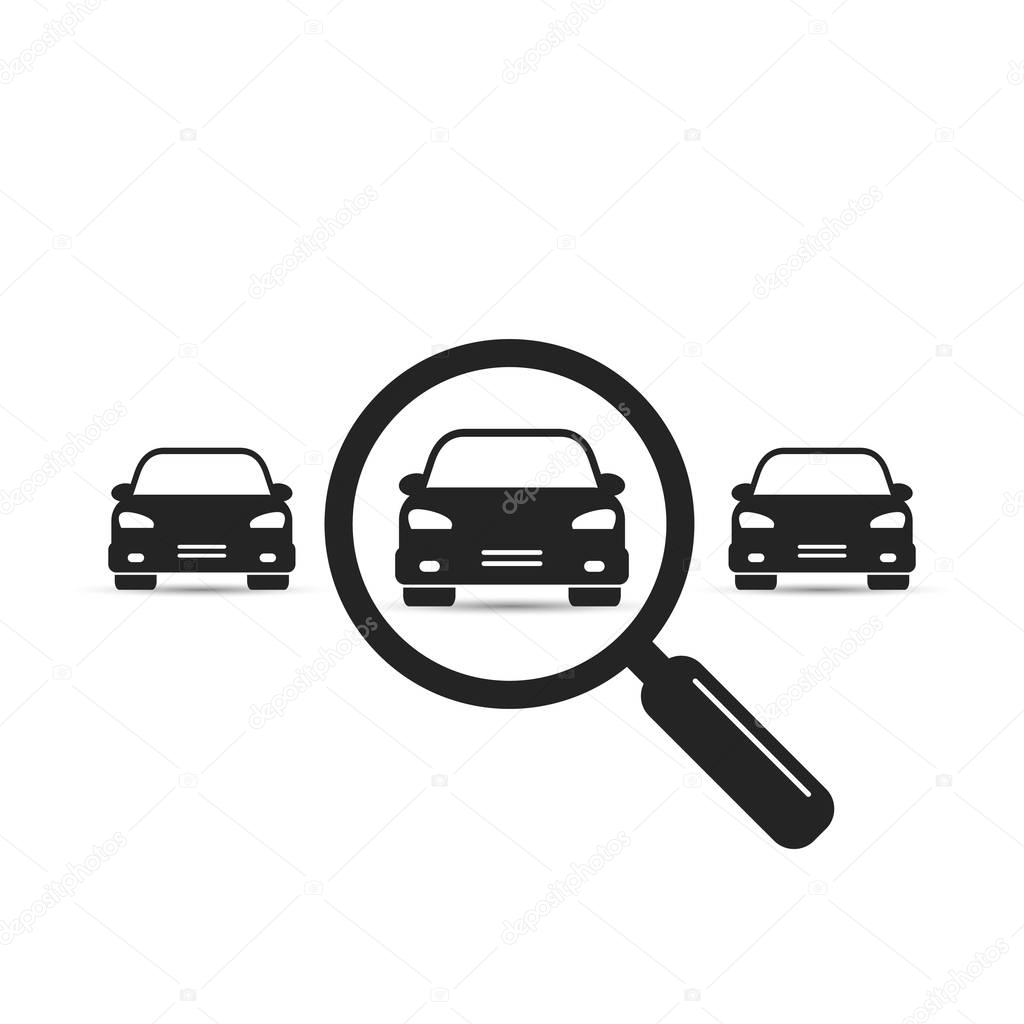Search car sign, vector. Magnifying glass with car. Search car symbol. Looking for transport. Selection a car among others vehicles illustration.