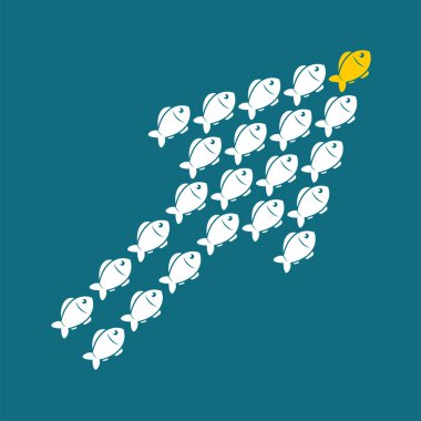 Liderlik iş kavramı lider arkasında takip ok kalabalık balık ile. Vektör.