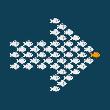 Leadership business concept with crowd fish following behind the leader. Vector. clipart