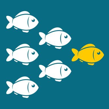 Liderlik iş kavramı lider arkasında takip kalabalık balık ile. Vektör.