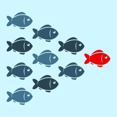 Liderlik iş kavramı lider arkasında takip kalabalık balık ile. Vektör.