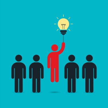 Tarafından fikir ampul kalabalık, vektör çizim üzerinde uçan iş adamı.