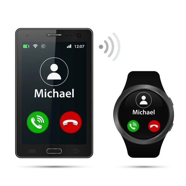 Realistické Smartphone a smartwatch s příchozím hovoru na displeji, vektorové. — Stockový vektor