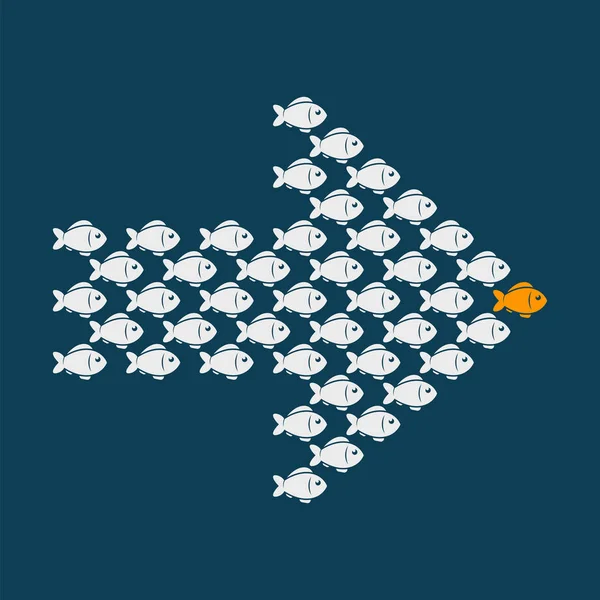 Concepto de negocio de liderazgo con multitud de peces siguiendo detrás del líder. Vector . — Vector de stock