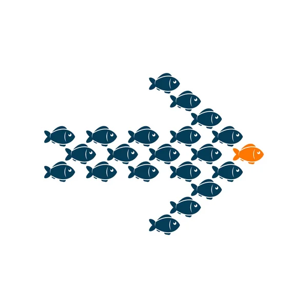 Conceito de negócio de liderança com peixes multidão seguindo atrás do líder. Vetor . —  Vetores de Stock