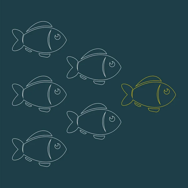 Concepto de negocio de liderazgo con multitud de peces siguiendo detrás del líder. Ilustración del esquema vectorial . — Vector de stock