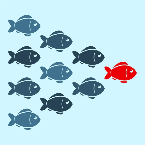 Conceito de negócio de liderança com peixes multidão seguindo atrás do líder. Vetor . —  Vetores de Stock