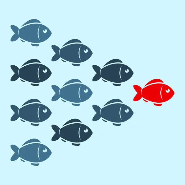 Concepto de negocio de liderazgo con multitud de peces siguiendo detrás del líder. Vector . — Vector de stock