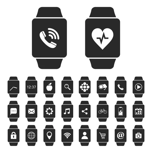Smart watch icon set with apps. Different smart watch screens with applications and notification. Vector. — Stock Vector