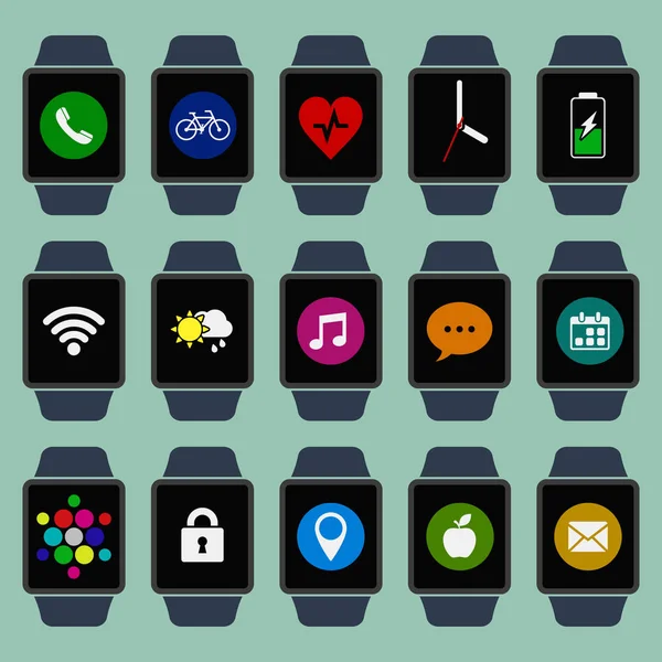 Montre connectée avec des applications. Collection d'écrans de montres intelligentes de différentes couleurs avec des applications et des notifications. Vecteur . — Image vectorielle
