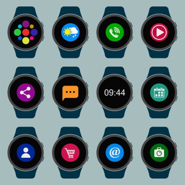 Akıllı saat küme. Apps ile giyilebilir akıllı saatler. Vektör