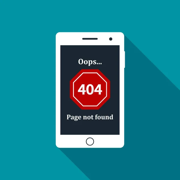 404 felsida hittades inte på mobil telefonskärmen. Internet fel tecken. Vektor — Stock vektor