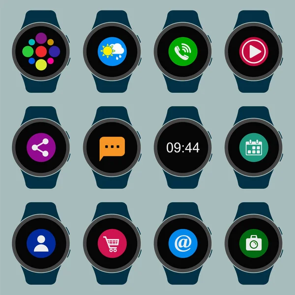 Montre connectée. Montres intelligentes portables avec des applications. Vecteur — Image vectorielle