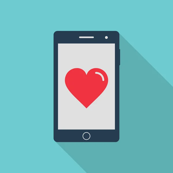 Smartphone met hart pictogram, vlakke stijl vector. — Stockvector