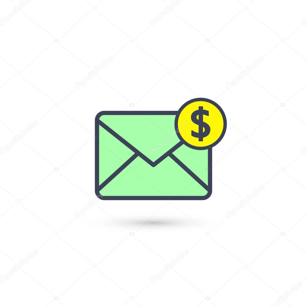 Envelope and coin business icon. Vector isolated illustration of business message.