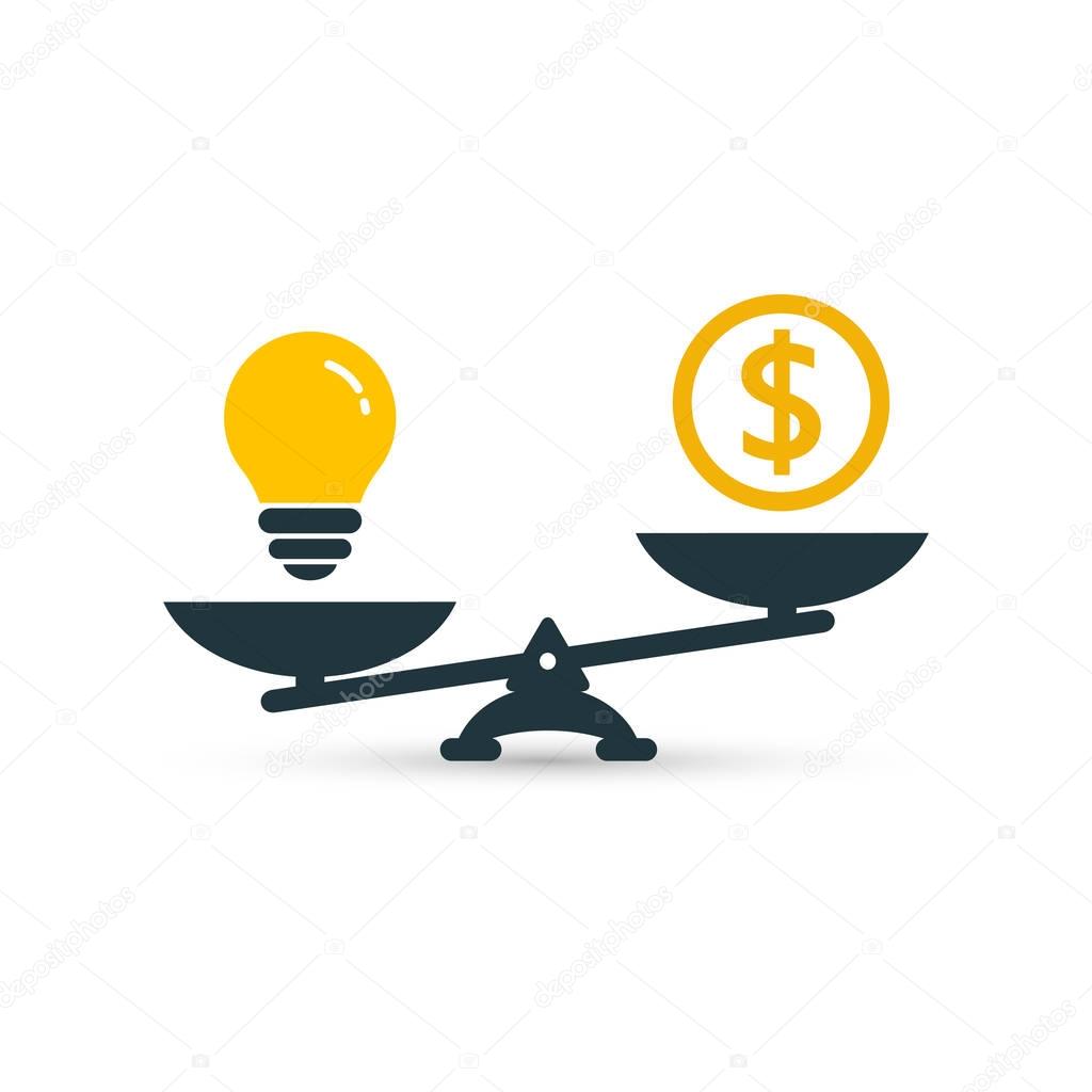 Light bulb and money on scales. Vector flat design.