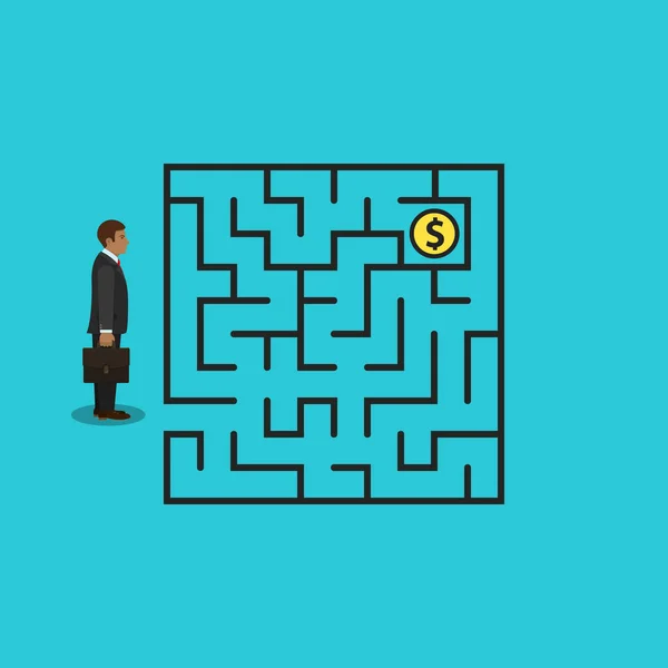 Man in labyrinth search money, vector. — Stock Vector