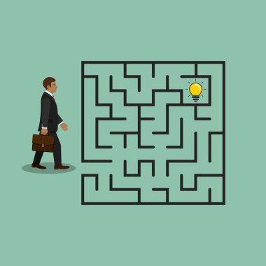 İşadamı labirent arama fikir ampuller, vektör.